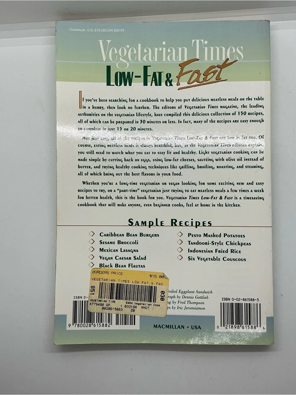 Vtg Vegetarian Times Low Fat & Fast 150 Meatless Recipes PB Cookbook